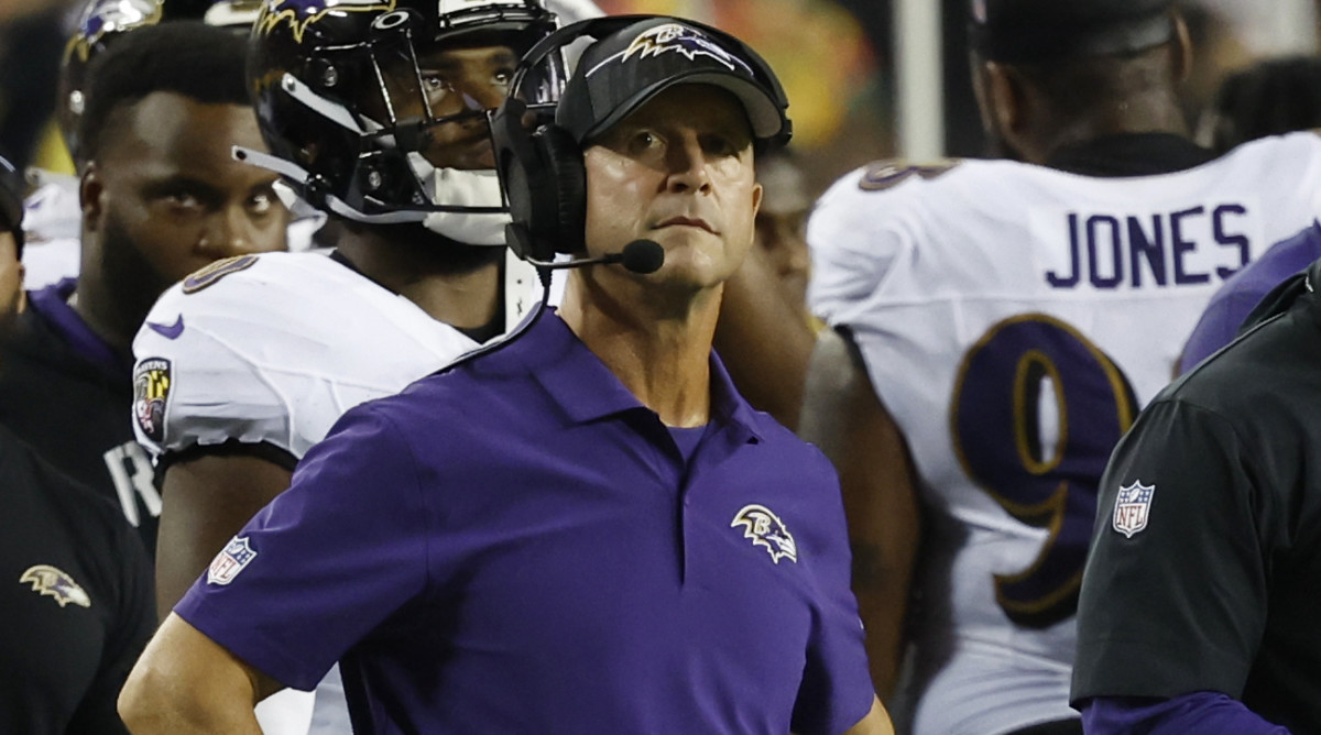 Ravens coach John Harbaugh on the sideline during Baltimore’s first preseason loss since 2015